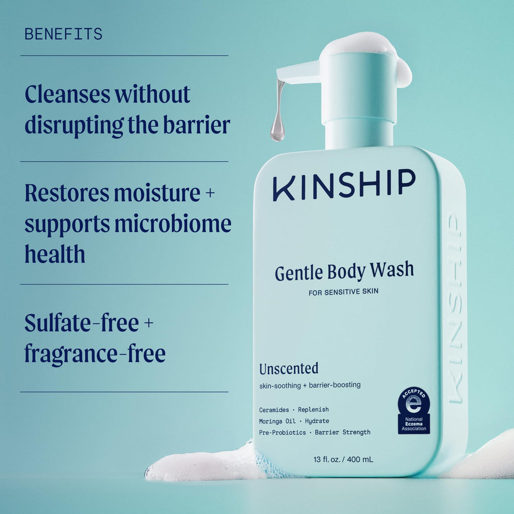 Kinship Gentle Moisturizing Body Wash for Sensitive Skin | Eczema Relief & Hydration for Dry Skin | Fragrance-Free, Unscented Body Soap, 13 oz