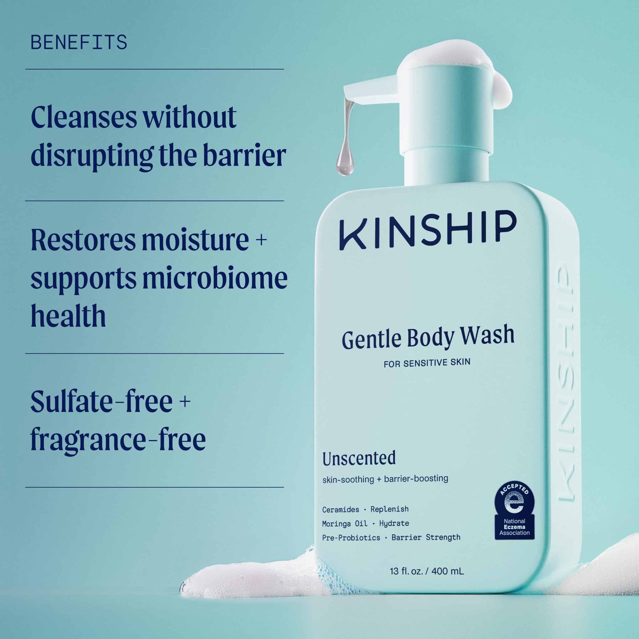Kinship Gentle Moisturizing Body Wash for Sensitive Skin | Eczema Relief & Hydration for Dry Skin | Fragrance-Free, Unscented Body Soap, 13 oz