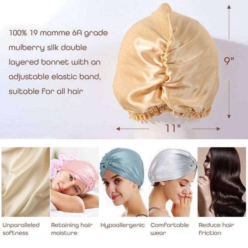 SereLune 100% Mulberry Silk Bonnet Sleep Cap, Double Layer Silk Turban/Bonnet, Adjustable Fit for Night Hair Care, 9 Colors (Black)