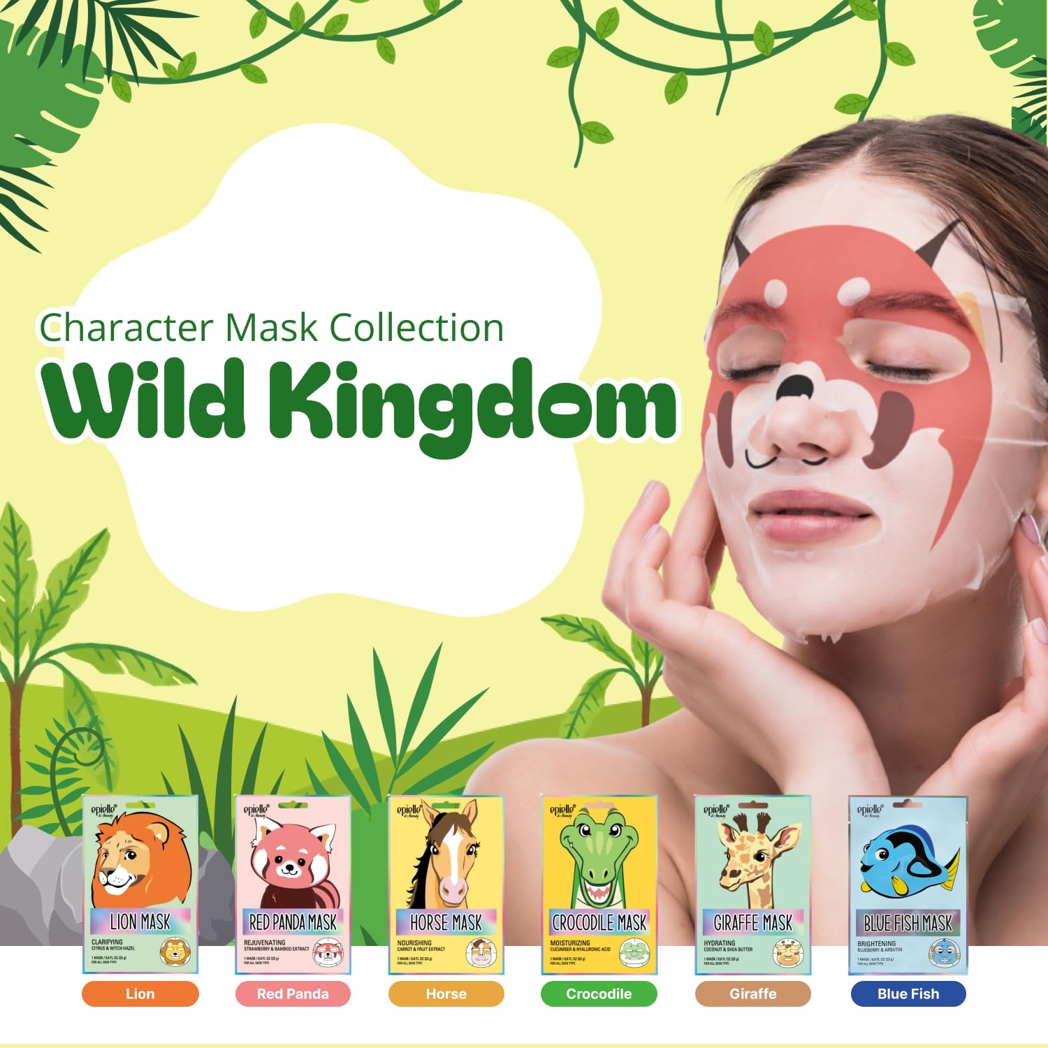 Epielle Character Face Mask Wild Kingdom 6 Pack, Fun & Effective Korean Skin Care, Spa Party Favors, Birthday Gifts for Women, Self Care Gifts