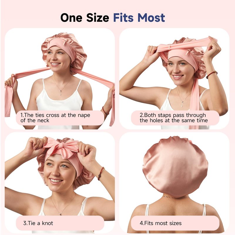 Umisleep Silk Bonnet, Soft Hair Bonnet for Sleeping, Real Mulberry Silk Lining, Bonnets for Women Hair Care, Double Layer Hair Cap with Tie, Large Silk Hair Wrap for Curly Long Hair, Blush Pink