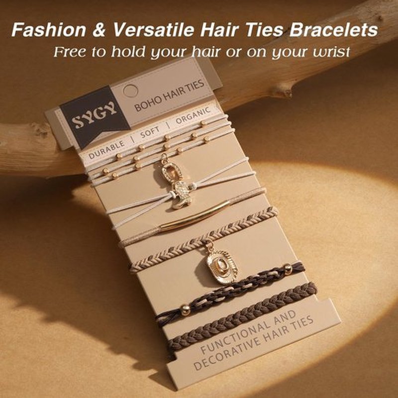 6 PCS Hair Ties Bracelets for Women, Boho Hair Ties for Thick & Thin Hair, Elastic Hair Bands That Double as Stylish Jewelry, Dual-Use Stretch Bracelets, Hand-braided Ponytail Holders, Cow Boy Pendant