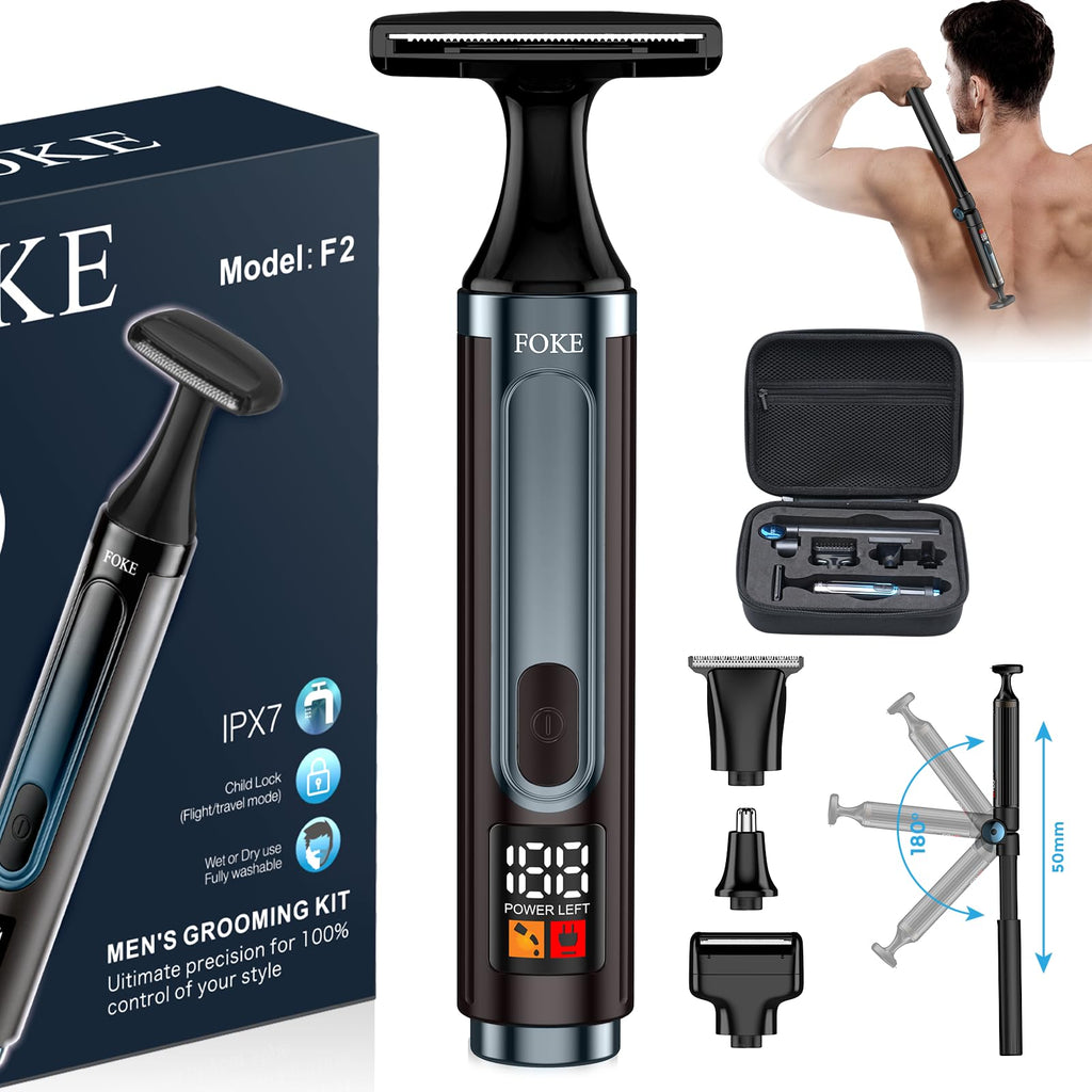 FOKE Back Shaver for Men, Ultra-Wide 1.8" T-Shaped Head, Travel Case, LED 4 in 1 Mens Back Shaver Rechargeable with Long Handle, Safety Lock, IPX7, Multi-Functional Back Trimmer for Men, (Deep Blue)