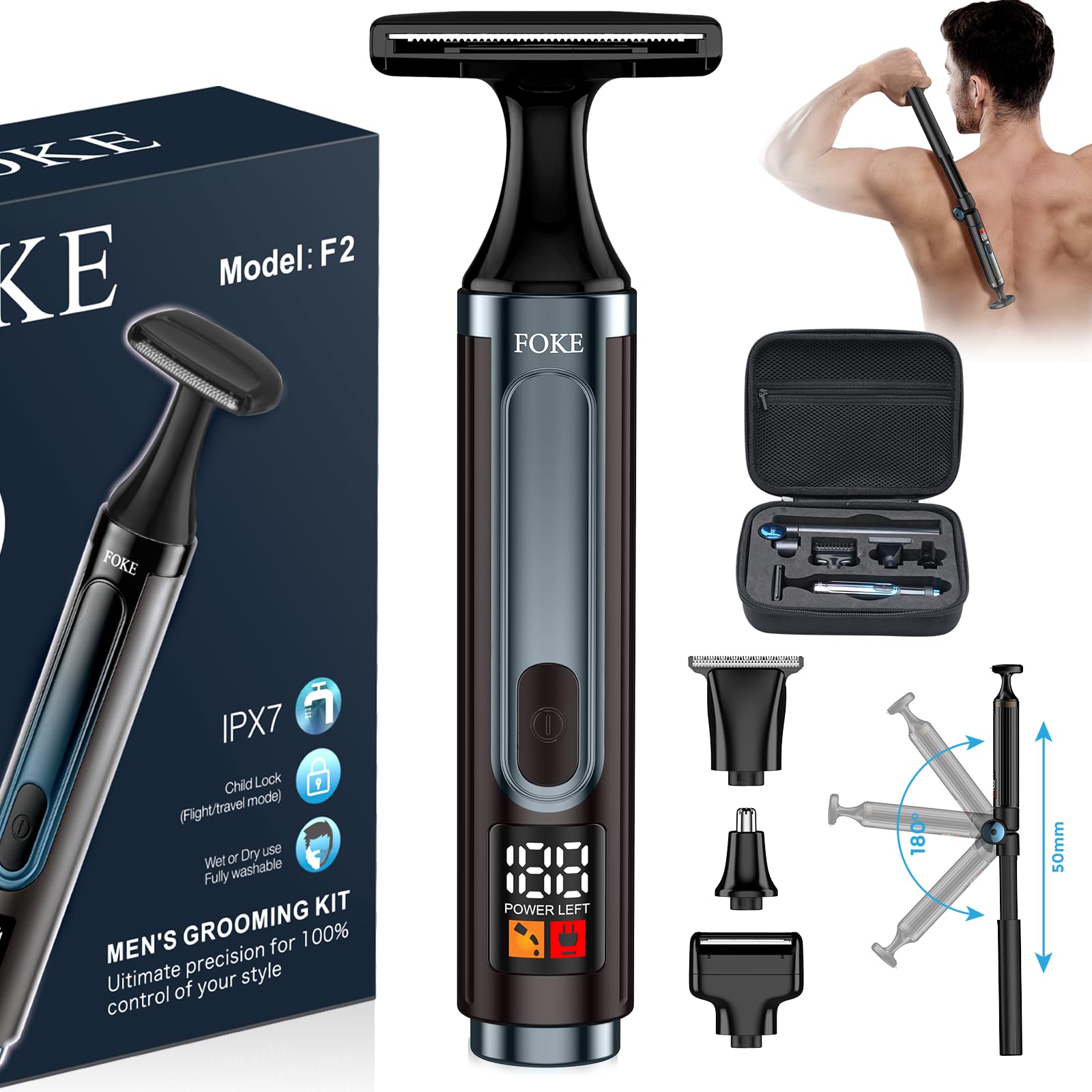 FOKE Back Shaver for Men, Ultra-Wide 1.8" T-Shaped Head, Travel Case, LED 4 in 1 Mens Back Shaver Rechargeable with Long Handle, Safety Lock, IPX7, Multi-Functional Back Trimmer for Men, (Deep Blue)