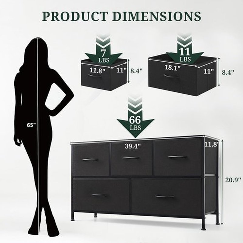 Skiennix 5-Drawer Dresser - Anti-Tip Fabric Chest with Wooden Top & Metal Frame | Black