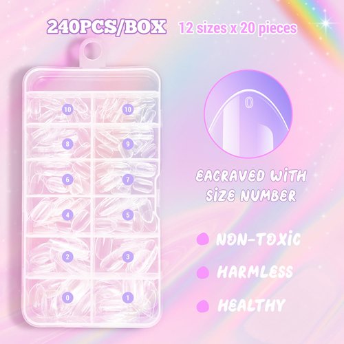 krofaue 240Pcs Almond Kids Nail Tips - 12 Sizes Soft Gel Extra Short Press on Nails for Children Girls Clear Almond Fake Nails for DIY Manicure (9-12 years old)