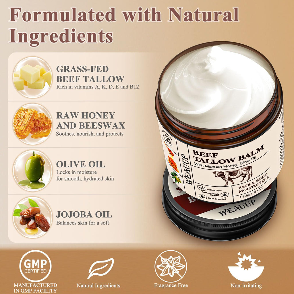 WEAUUP Beef Tallow for Skin, Organic Grass Fed Whipped Beef Tallow Balm, Tallow and Honey Balm with Raw Honey and Beeswax, Nourishing Moisturizer for Face & Body Natural Skin Care for Soft