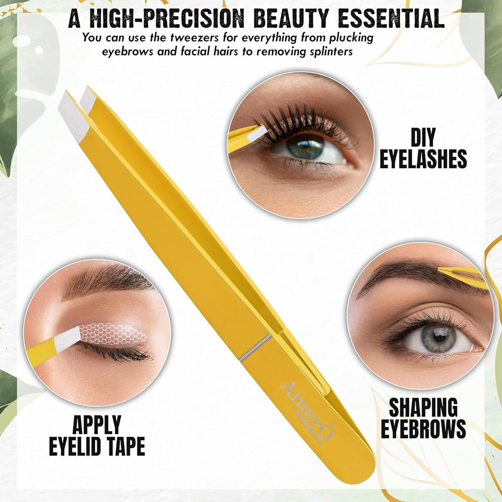 Professional Stainless Steel Eyebrow Tweezers for Women & Men – Precision Slant Tip Hair Removal Tool for Eyebrows, Facial Hair & Ingrown Hairs – Durable, Non-Slip Grip (Yellow)