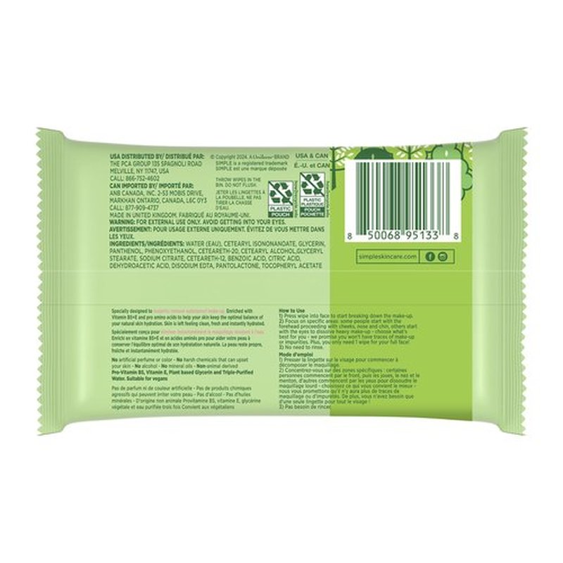 Simple Kind To Skin Cleansing Makeup Remover Wipes - Vegan Facial Cleanser Wipes with Vitamin B5 and E - Removes Waterproof Makeup - 4 pc