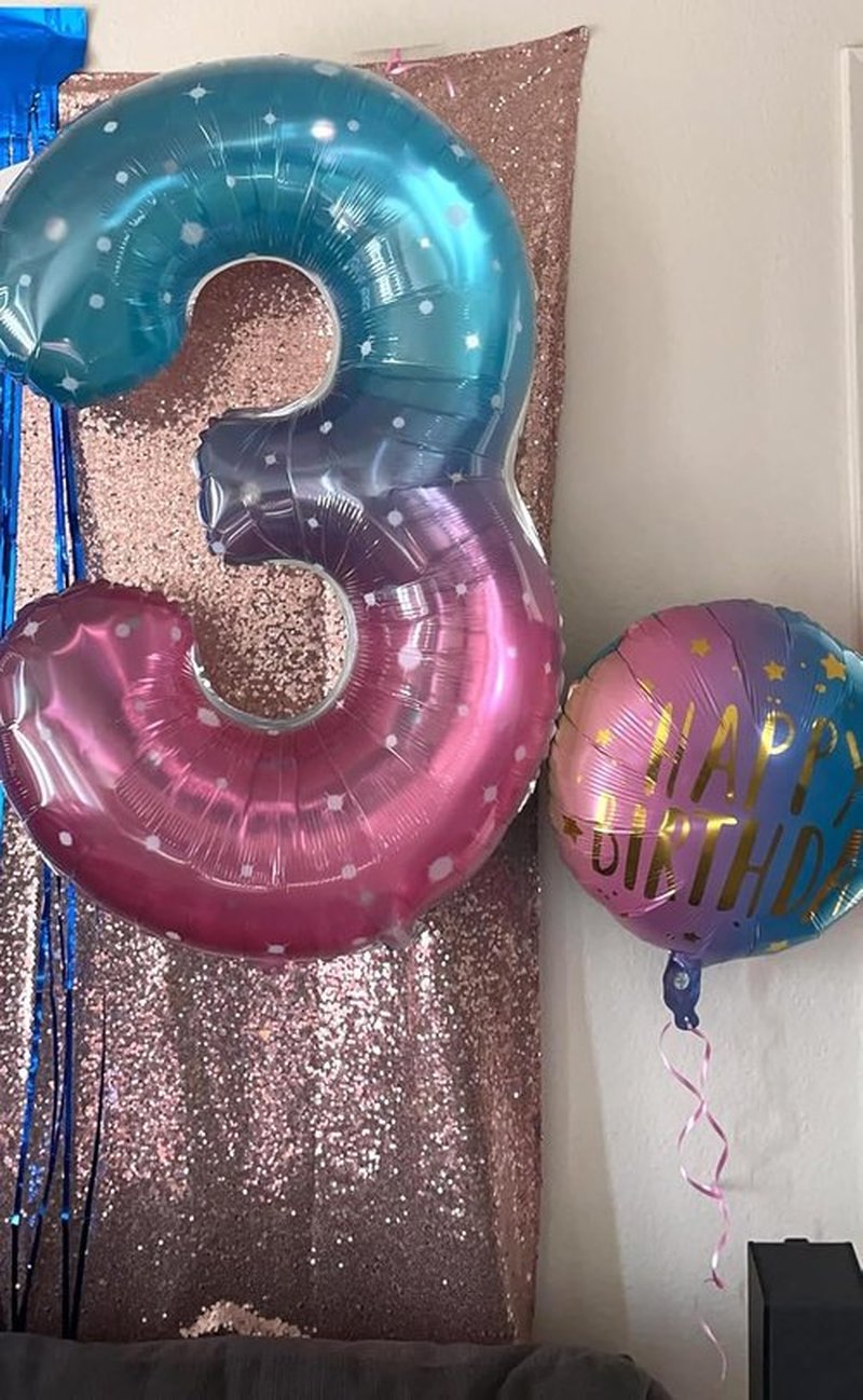 Numbers Balloon - 40 Inch Large Pink, Purple & Blue Balloon for 3rd Birthday Decor | Party Decorations