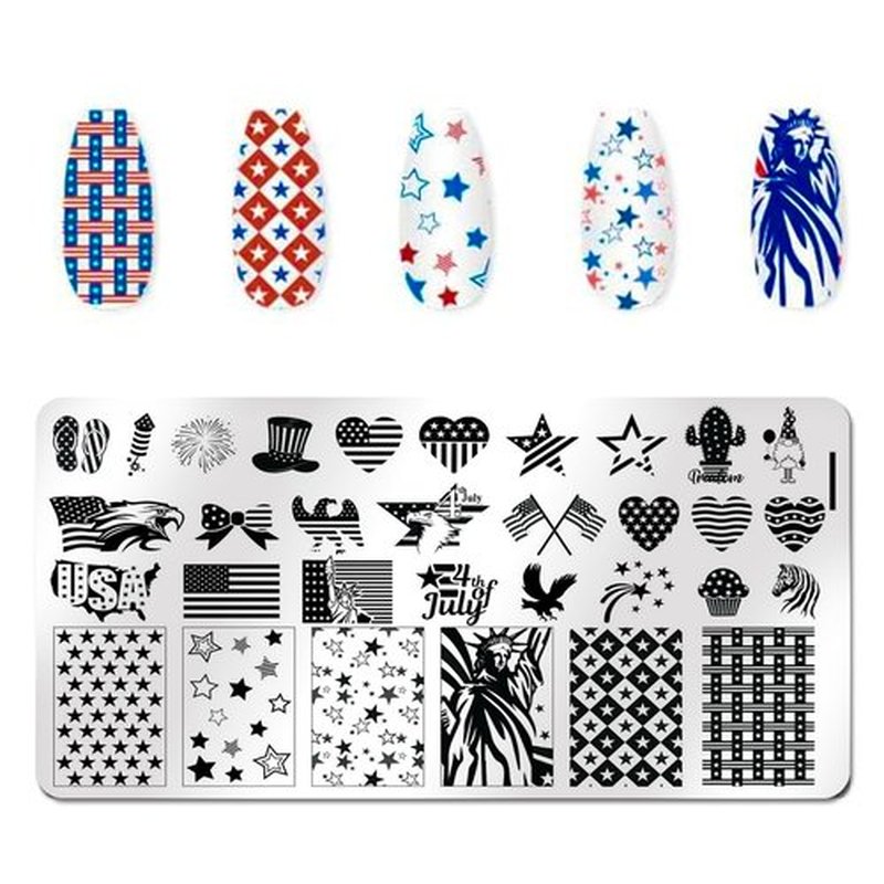 SILPECWEE 6 Pieces 4th of July Nail Stamping Plate Independence Day Nail Stamp Patriotic American Nail Design Stamp Stencils Nail Art Template Nail Art Stamping Kit Tools