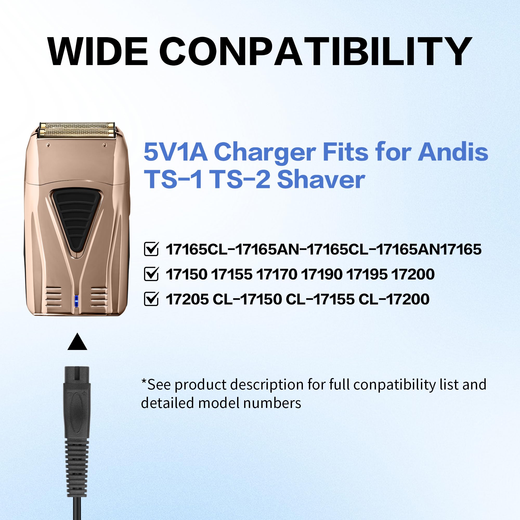 YAODHAOD 5V 1A Adapter for Andis Shaver Charger Power Cord, Replacement Charger Compatible with 17150 17165 TS-1 TS-2 Foil Shaver Charging Cord Adapter-5FT/1.5M