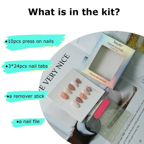 Tesytto Nude Pink Press on Nails Short Almond Cat Eye Fake Nails with 3D Sleek Water Drop Design Glossy Finish Glitter Full Cover Acrylic Nails (Ice Flowers, M)