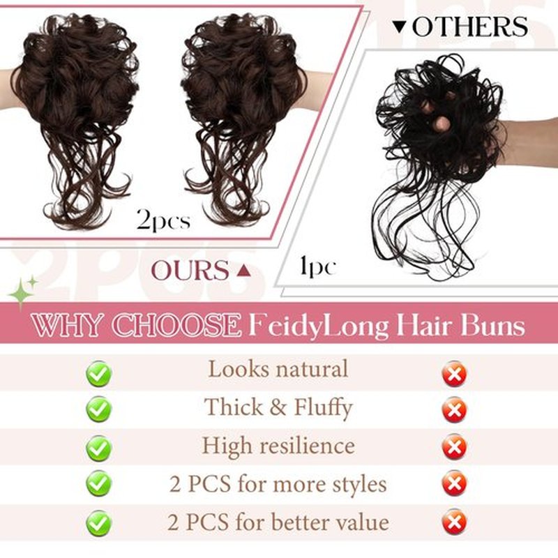 FeidyLong 2PCS Messy Bun Hair Piece Tousled Updo with Tendrils Wavy Curly Hair Bun Scrunchies Ponytail Extension Elastic Band Hairpieces For Women (Medium Brown)