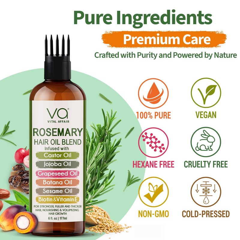 VITAL AFFAIR Blend Of Pure Rosemary Oil For Hair Growth With Castor, Batana, Jojoba Oil-Infused With Biotin & Vitamin E-Blend of Effective Hair Oils for Hair Growth-Strengthening Treatment 6 Fl Oz