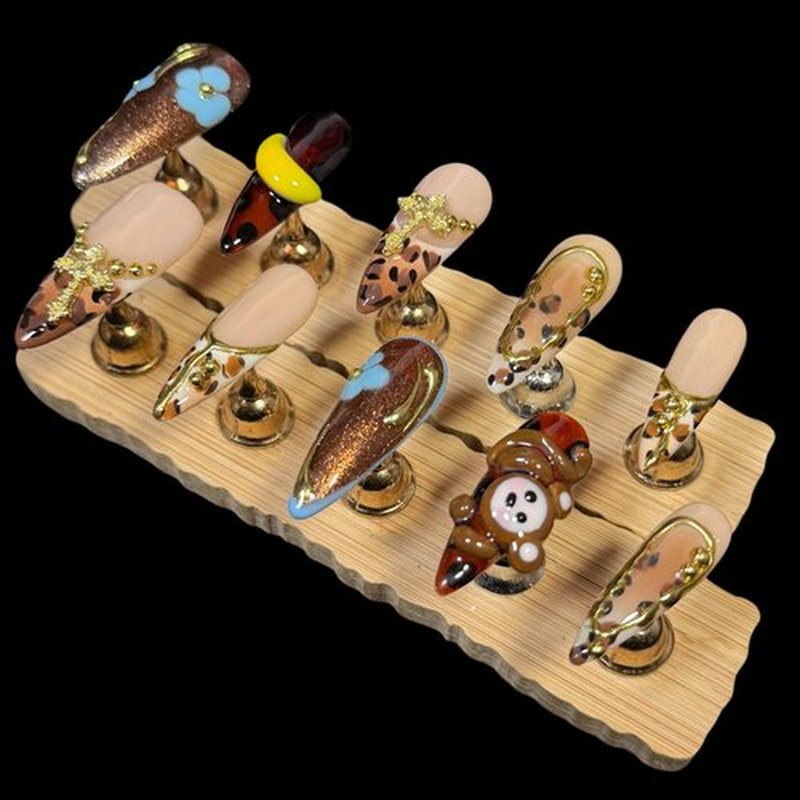 Handmade Press on Nails Cute 3D hand-crafted Monkey & Banana, Leopard Print Design - Long Stiletto Shape Reusable False Nails, Fun Animal Themed Nail Art (Pawky Monkey, S)