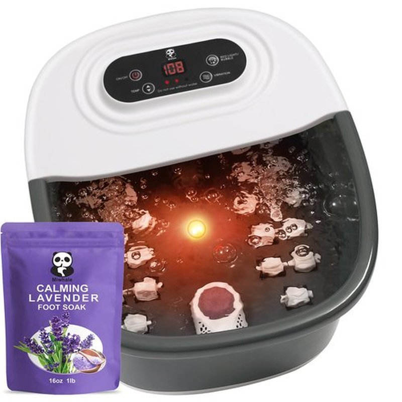 Miwhale Foot Spa Bath Massager with Heat Bubbles and Vibration Massage and Jets, 16 OZ Calming Lavender Foot Soak Epsom Salt, Foot Soaker with Red Light, 22 Massage Rollers, Adjustable Temp - Black