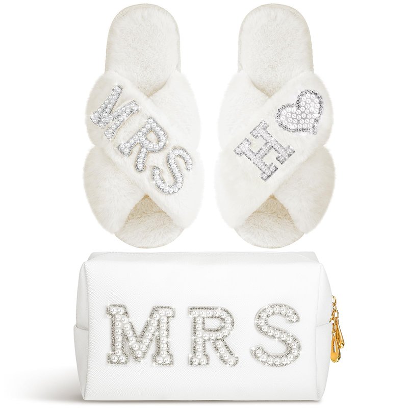 Xtinmee Personalized Initial Wedding Bride Slippers MRS Pearl Letter Makeup Bag Bridal Shower Gifts for Wedding Day (H)