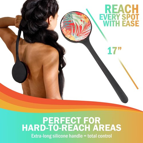 Skiennix Self Tanning Lotion Applicator - 17" Ergonomic Silicone Handle for Easy Back Application | Includes Exfoliating Pad