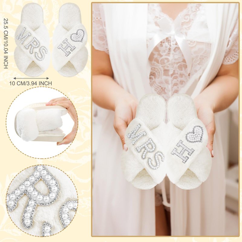 Xtinmee Personalized Initial Wedding Bride Slippers MRS Pearl Letter Makeup Bag Bridal Shower Gifts for Wedding Day (H)