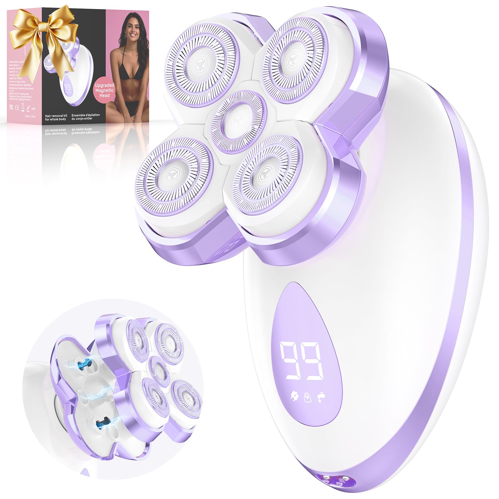 Electric Razors for Women - Upgraded Electric Shaver for Women with Magnetic Heads, Rotary Hair Remover Kit for Legs Bikini Face, Lady Trimmer for Sensitive Skin, Detachable and Waterproof, Crimson