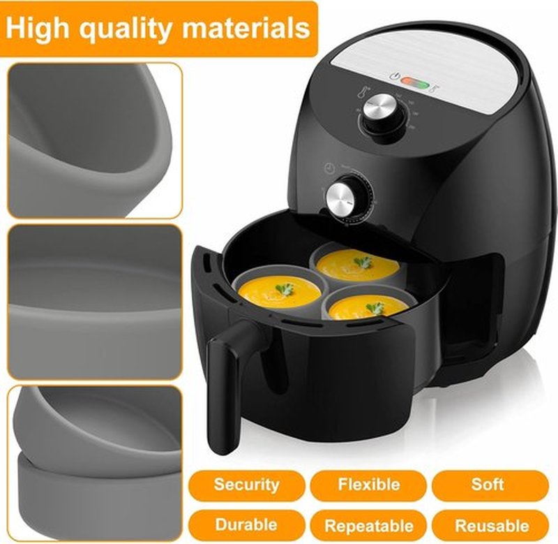 Skiennix Silicone Air Fryer Molds - 4-Inch Nonstick Reusable Egg Cups | Dishwasher Safe, 3-Pack Grey
