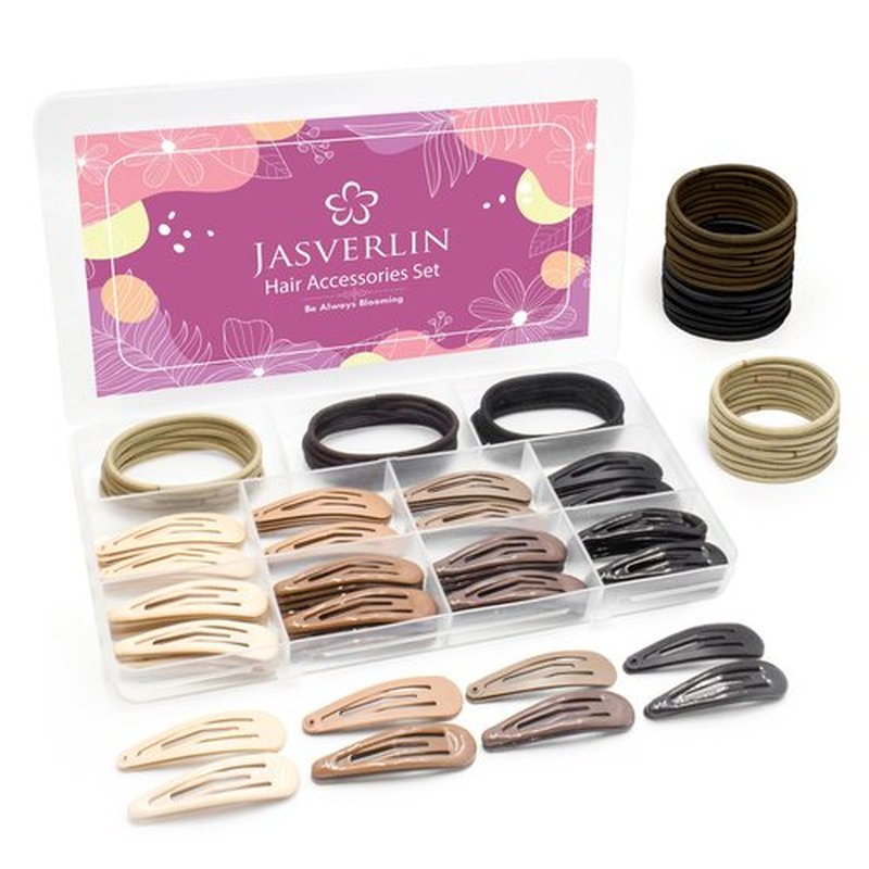 JASVERLIN 140pcs Snap Hair Barrettes for Women Thin Hair Set, 80pcs Metal Snap Hair Clips Non Slip, 60pcs Elastics Hair Band with clips, Girls Bangs Styling Accessories Set (Brown Tones)