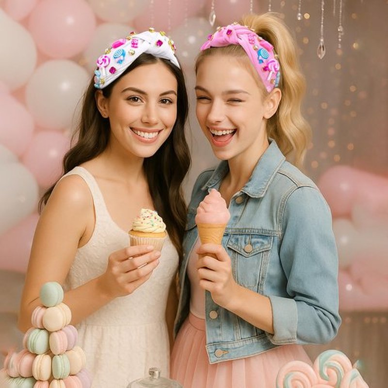 Candy Knotted Headbands for Women, Lollipop Sugar Charms Rhinestone Jeweled Wide Cute Headband for Girls, Fashion Hairband Hair Accessories Birthday Holiday Party Valentines Day Gifts for Her - Pink