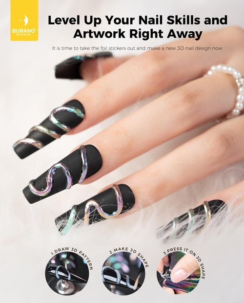 BURANO 3D Nail Foil Glue Gel, 8G 3D Gel Nail Art Foil Gel for Nails 1 Bottle with 10PCS Foils Sticker, Transfer Gel Foil Adhesive Glue Nails Design Foil UV LED Lamp Required
