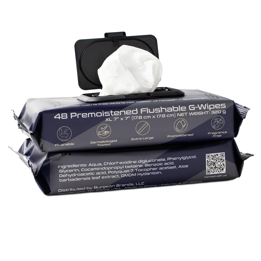 Gravitas G-Wipes: Flushable Wipes for Men - 48 Extra-Large Unscented Wipe, Pre-Moistened, Vitamin E & Aloe Vera, Biodegradable, Body Hygiene, for Daily Use, Resealable Hard Top