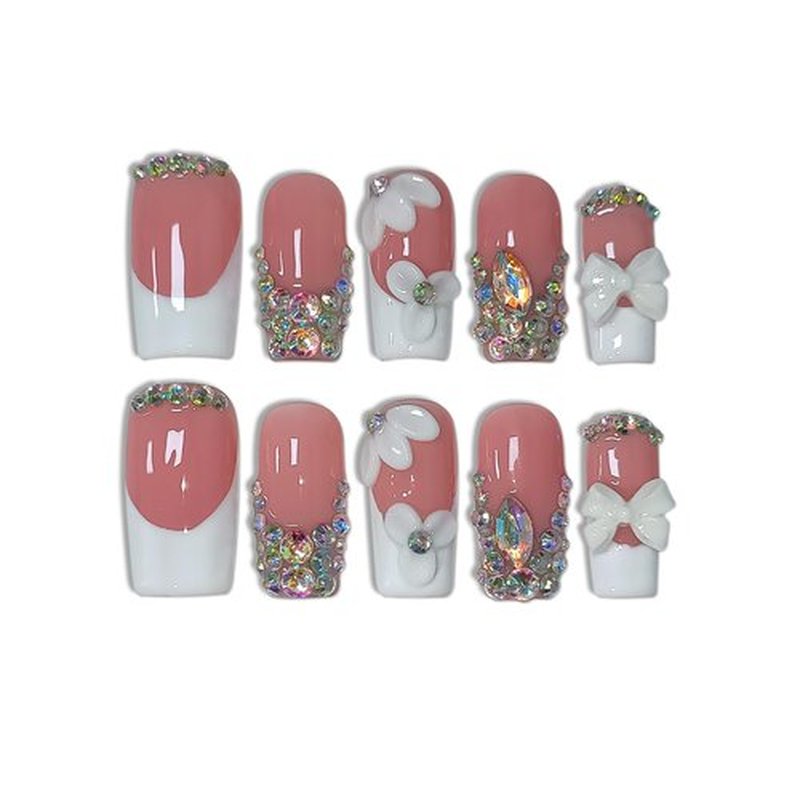 TENPAL Handmade Press on Nails Medium Long Square - Sheer Nude French Tip Fake Nails with 3D Floral, Full Cover Glitter 3D Bow Design False Nail Tips for Women Girls Daily Wear Parties Gifts(S)