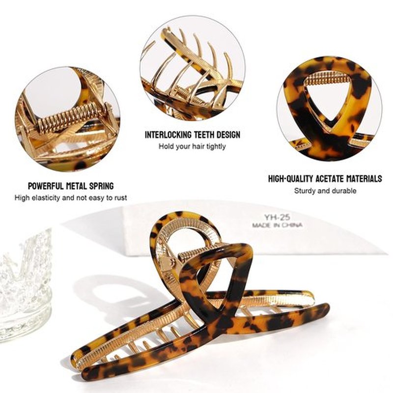 MEDOCA Large Metal Hair Clips - Strong Hold Gold Clips for Thick Locks - Leopard Print Claw Clips for Women and Girls
