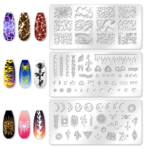 beinkmake 3Pcs Punk Nail Stamping Plate Set Snake Heart Nail Stamping Templates French Line Tip Nail Plates Flames Star Stainless Steel DIY Reusable Tools with Stamper Scraper for Manicure Printing