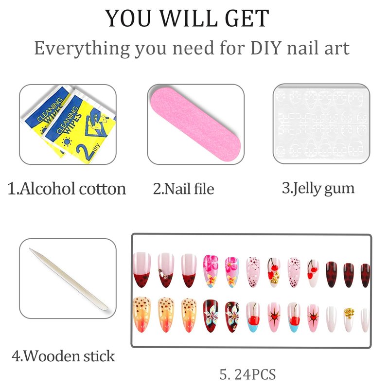 WAFOLOZE Almond Press on Nails Long Fake Nails with 3D Flowers Cherry Designs, Fall/Winter Glue On False Nail Press Ons Acrylic Artificial Stick On Nails for Women 24Pcs