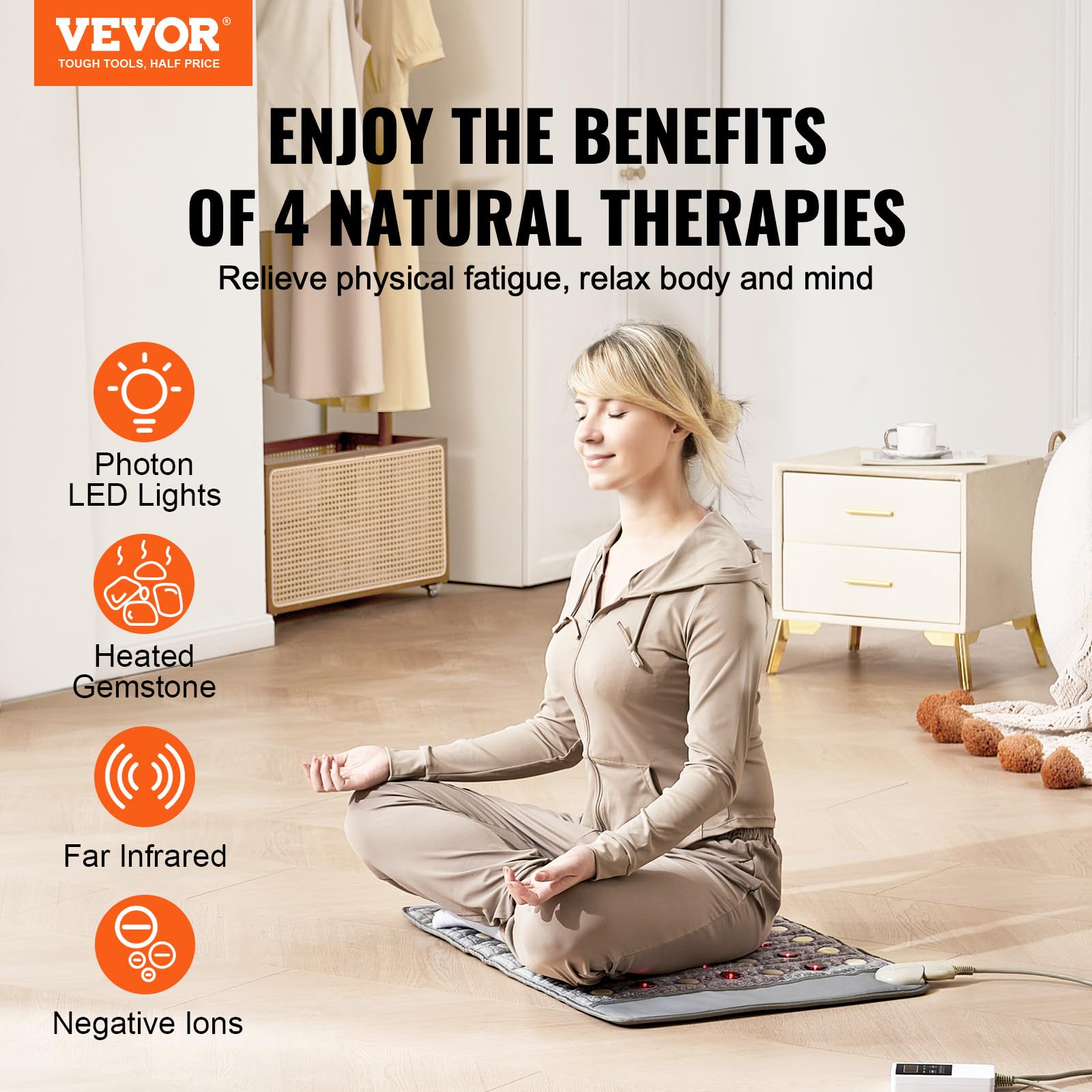 VEVOR Far Infrared Heating Pad, 103-159℉ Amethyst Heating Pad, 5 Natural Crystal Gemstones Mat with 660nm Photon Light, Negative Ions, 0-720 Min Timer for Back Waist Shoulder Pain Relief (40" x 20")