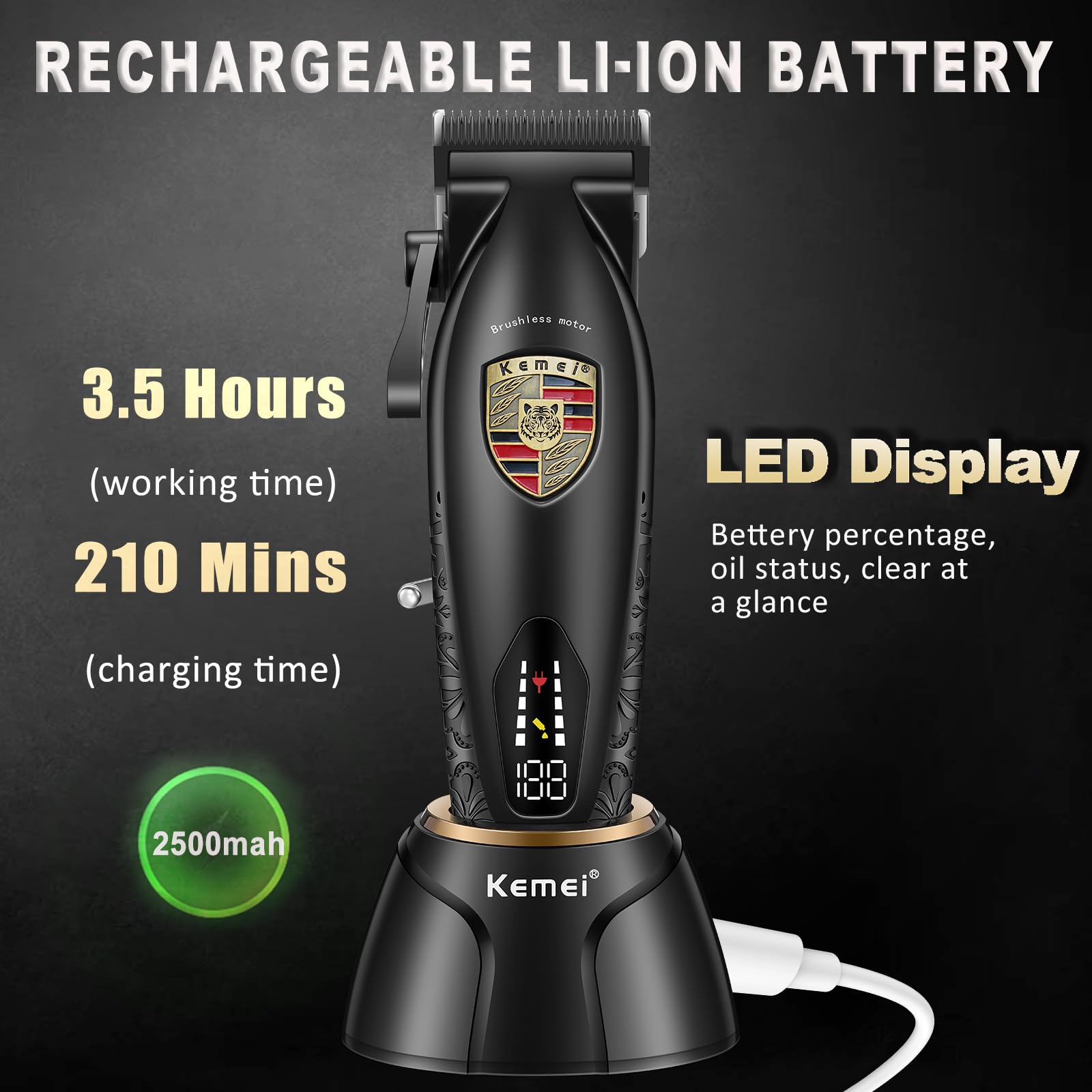 KEMEI Hair Clippers for Men Professional, Barber Clippers for Hair Cutting & Grooming, Cordless Beard Trimmer with Charging Base LED Display KM-2230 Black