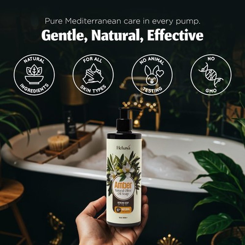 Hekaya Natural Olive Oil Liquid Soap – Amber Scent | Handmade, Vegan, Sulfate & Paraben Free | Face, Body & Hand Wash | Moisturizing Castile Soap | 13.5 fl oz Pump Bottle