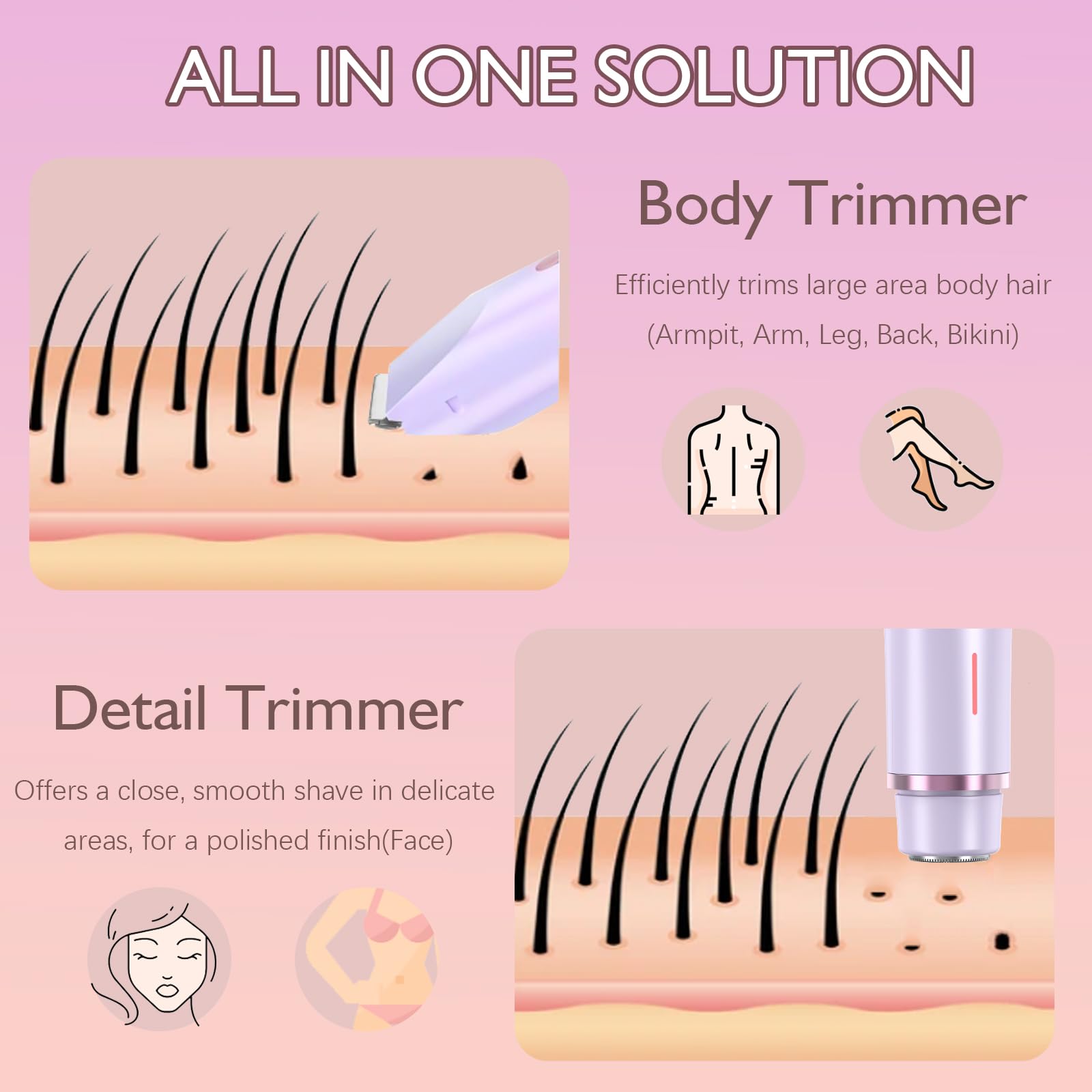 2 in 1 Bikini Trimmer for Women Pubic Hair Dual-Head Electric Razors for Women , Rechargeable Body Hair Shaver and Face Razor, Waterproof Wet/Dry Use Hair Removal for Bikini Legs Face Underarm Arm