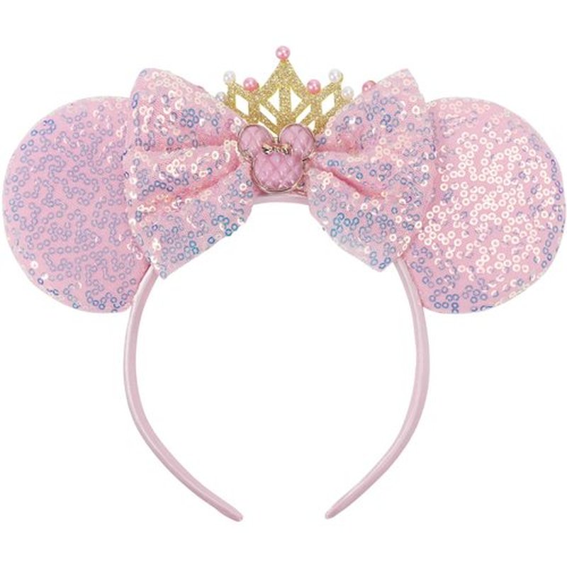 CANMIL Mouse Ears Headband, Sparkle Princess Bow Hairband for Women Girls, Cute Sequin Hair Beauty Accessories (Pink Crown)