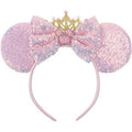 CANMIL Mouse Ears Headband, Sparkle Princess Bow Hairband for Women Girls, Cute Sequin Hair Beauty Accessories (Pink Crown)