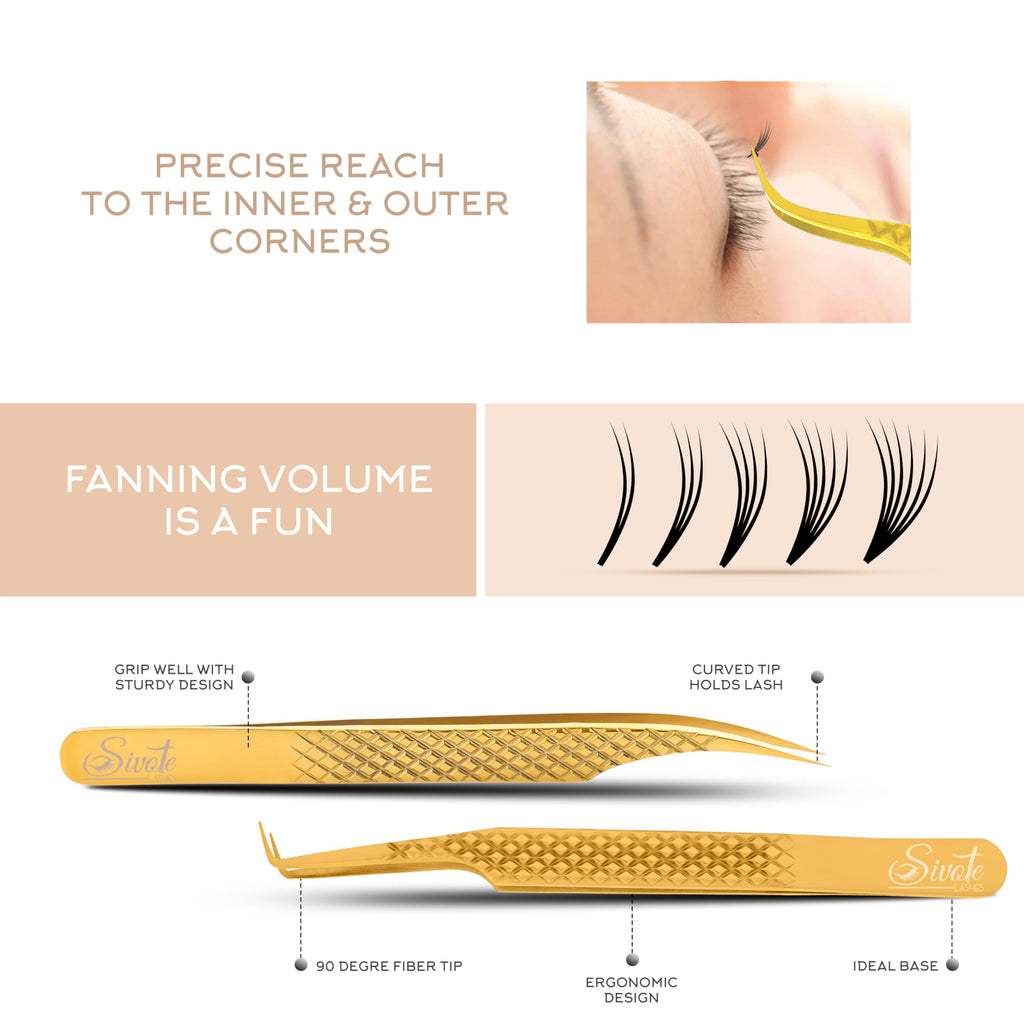 SIVOTE Eyelash Extension Tweezers Fiber Tips Japanese Steel, Set of 6 – Curved, Dolphin, 90° 45° Volume Boot & Slight Curved Tweezer – Professional Lash Tweezers for Lash Extensions Gold