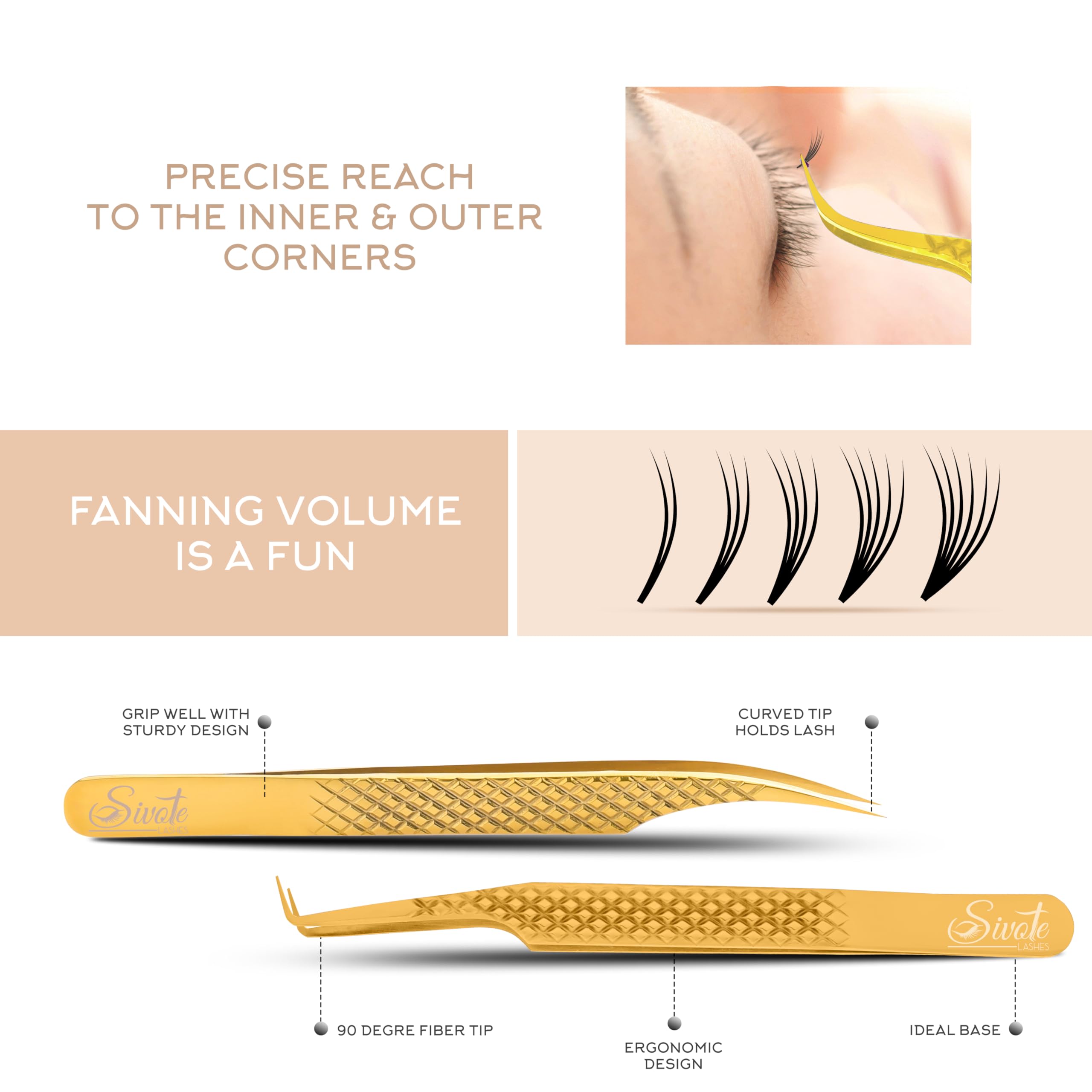SIVOTE Eyelash Extension Tweezers Fiber Tips Japanese Steel, Set of 6 – Curved, Dolphin, 90° 45° Volume Boot & Slight Curved Tweezer – Professional Lash Tweezers for Lash Extensions Gold