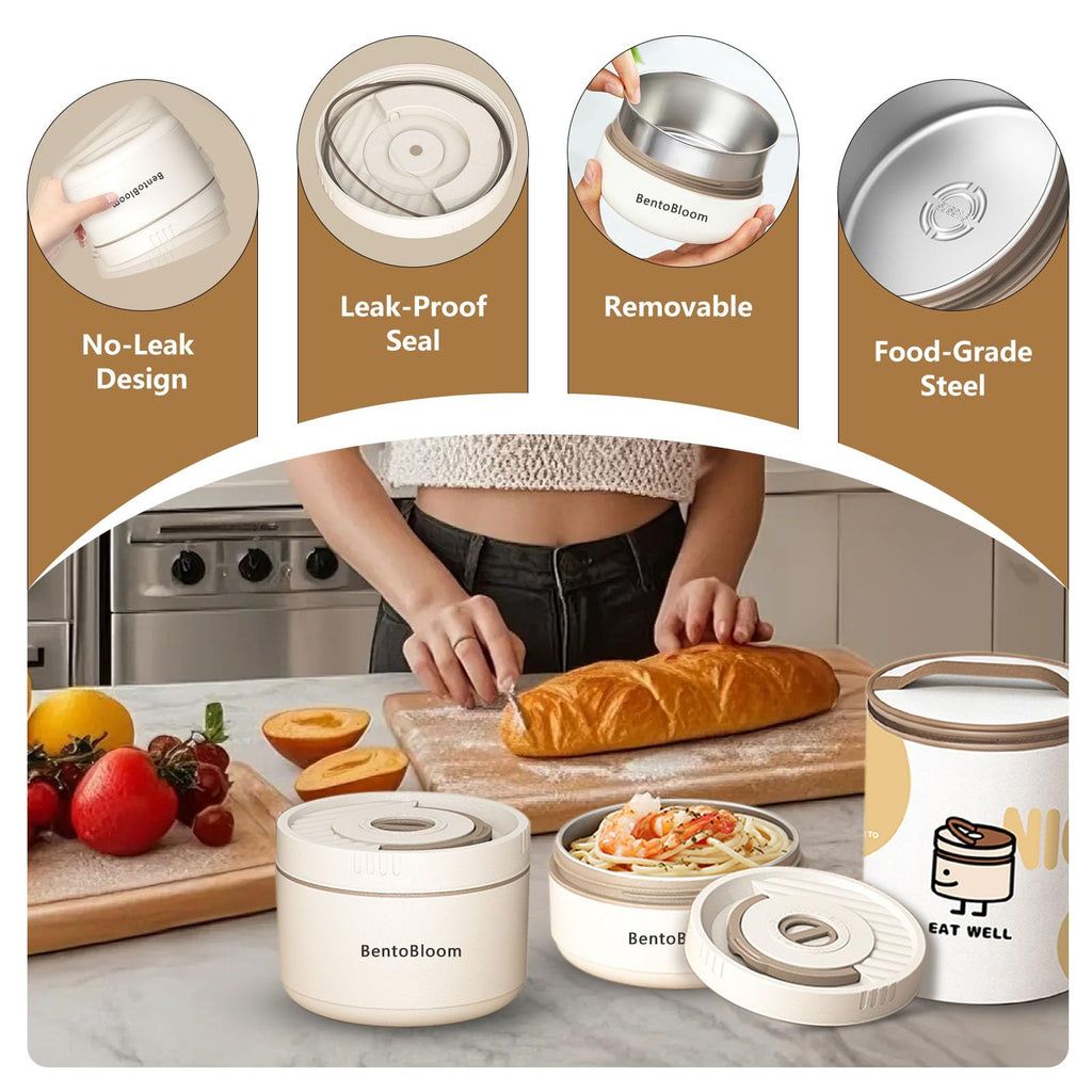 BentoBloom Bento Box Adult — Round Stackable Lunch Box for Women (450ml & 600ml) with Insulated Carry Bag | 304 Stainless Steel Removable Inserts | Microwave & Dishwasher Safe, White