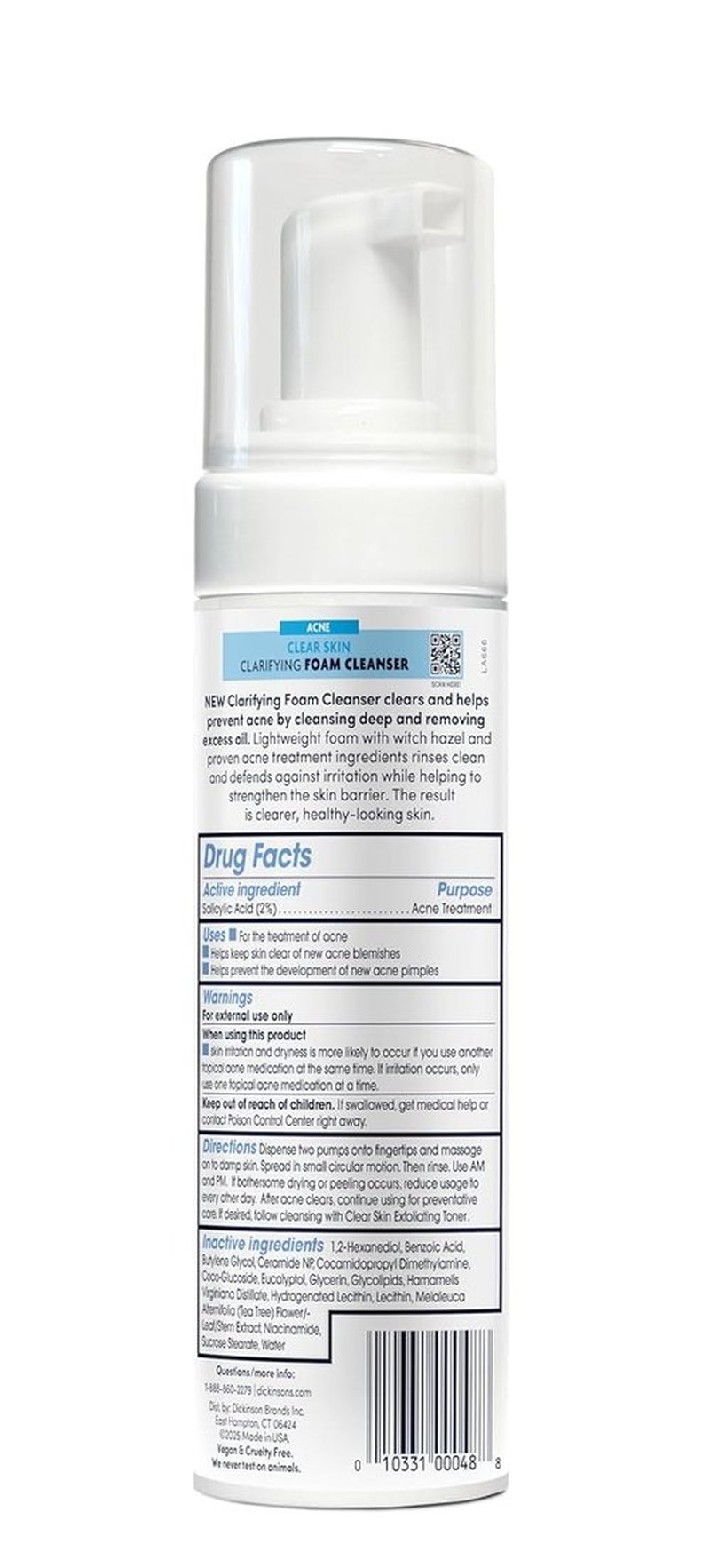 Dickinson’s Witch Hazel Acne Foam Cleanser - 2% Salicylic Acid & Niacinamide | Alcohol-Free Daily Face Wash | 7 Fl Oz