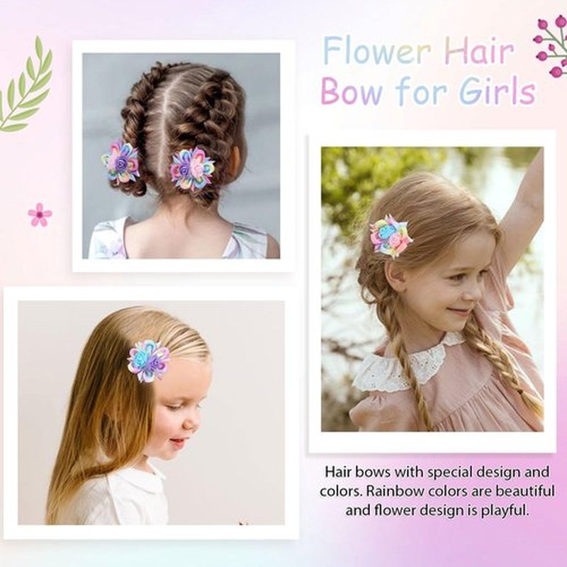 TOKUFAGU 6PCS Hair Bows for Girls, Flower Hair Clips Rainbow Hair Accessories for Girls Toddler Bows with Alligator Clips for Kids Child Teens(Rainbow)
