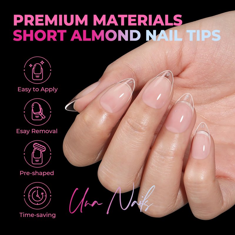 UNA GELLA Short Almond Nail Tips, 510Pcs 15 Sizes Pre-Etched Soft Gel Nail Tips Almond Shape Half Matte Full Cover Clear Fake Nails Extensions for DIY & Salon Manicure Soak Off