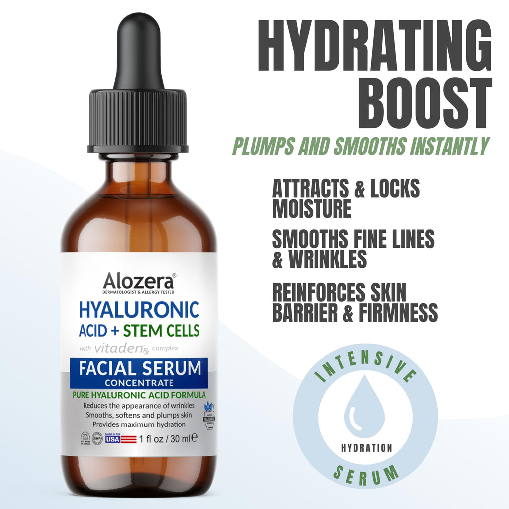 Alozera Hyaluronic Acid Serum for Face with Stem Cells, Deep Hydrating & Plumping Facial Serum for Dry Skin, Helps Improve Smoothness & Elasticity, Anti-Aging Moisturizing Serum for Day & Night