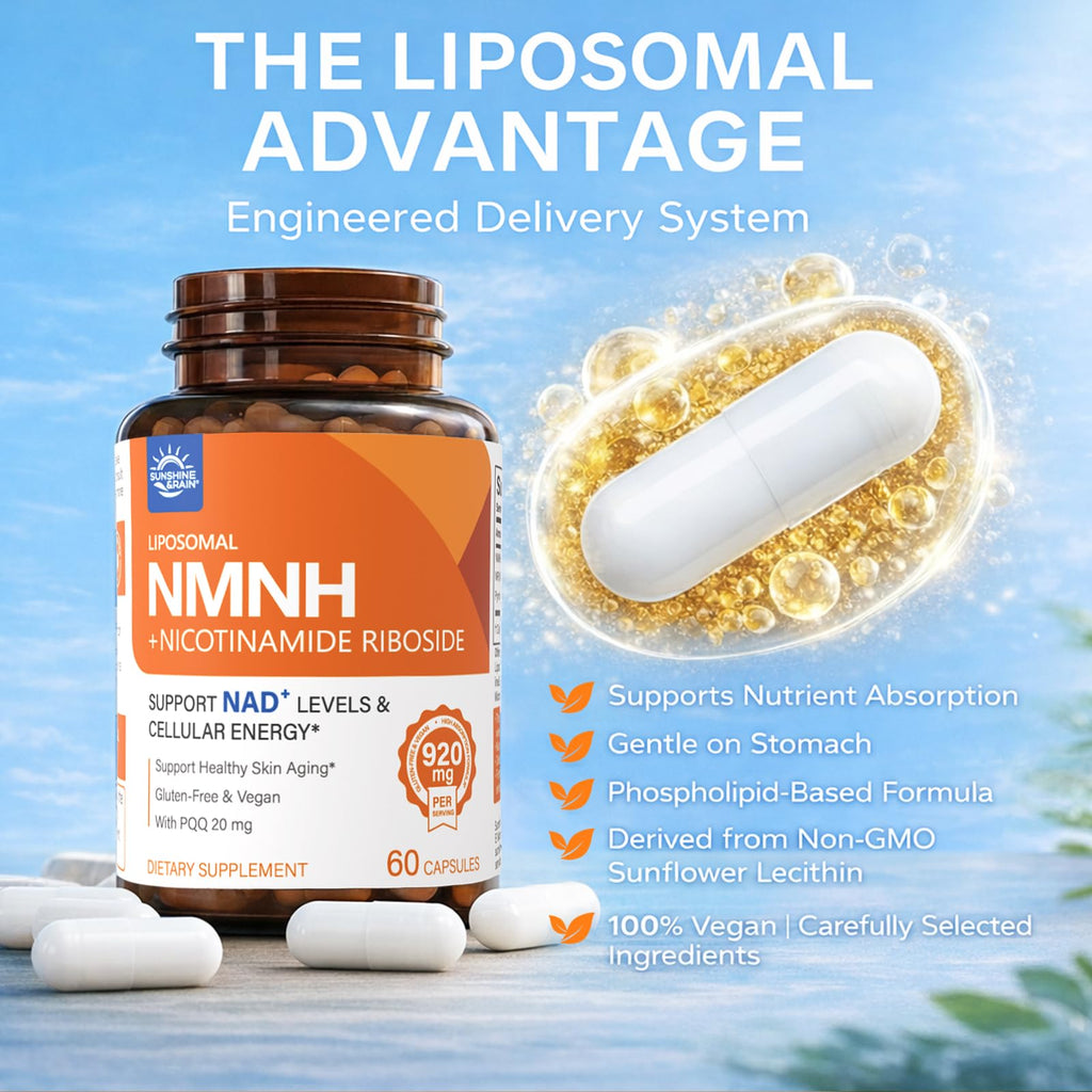 Sunshine & Rain NMNH Supplement 920mg - Liposomal NMNH with NR & PQQ for Cellular Energy, Focus & Healthy Aging | NMN Alternative Nicotinamide Mononucleotide | Vegan Non-GMO | 60 Capsules