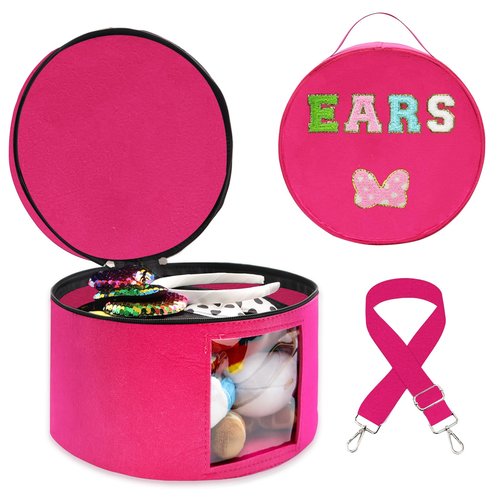 gjulrfu Heaband Holder Organizer, Large Round Tiara Tote Storage Box, Headband Ears Display Storage Box with Shoulder Straps (Rosy Red)