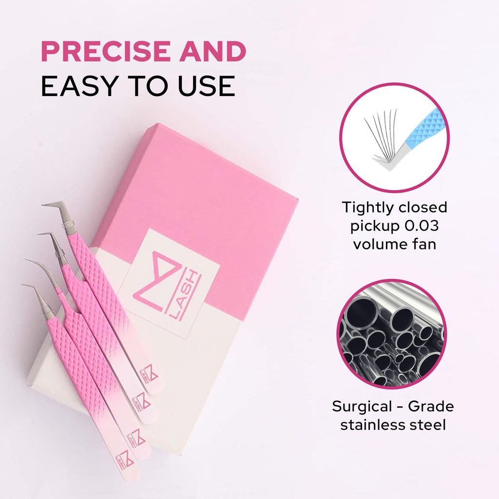 M LASH Tweezers for Eyelash Extensions (Set of 4) - Professional Lash Extension Tweezers - Fiber Tip, Japanese Steel, Diamond Grip Eyelash Extension Tweezer set (F-SET)
